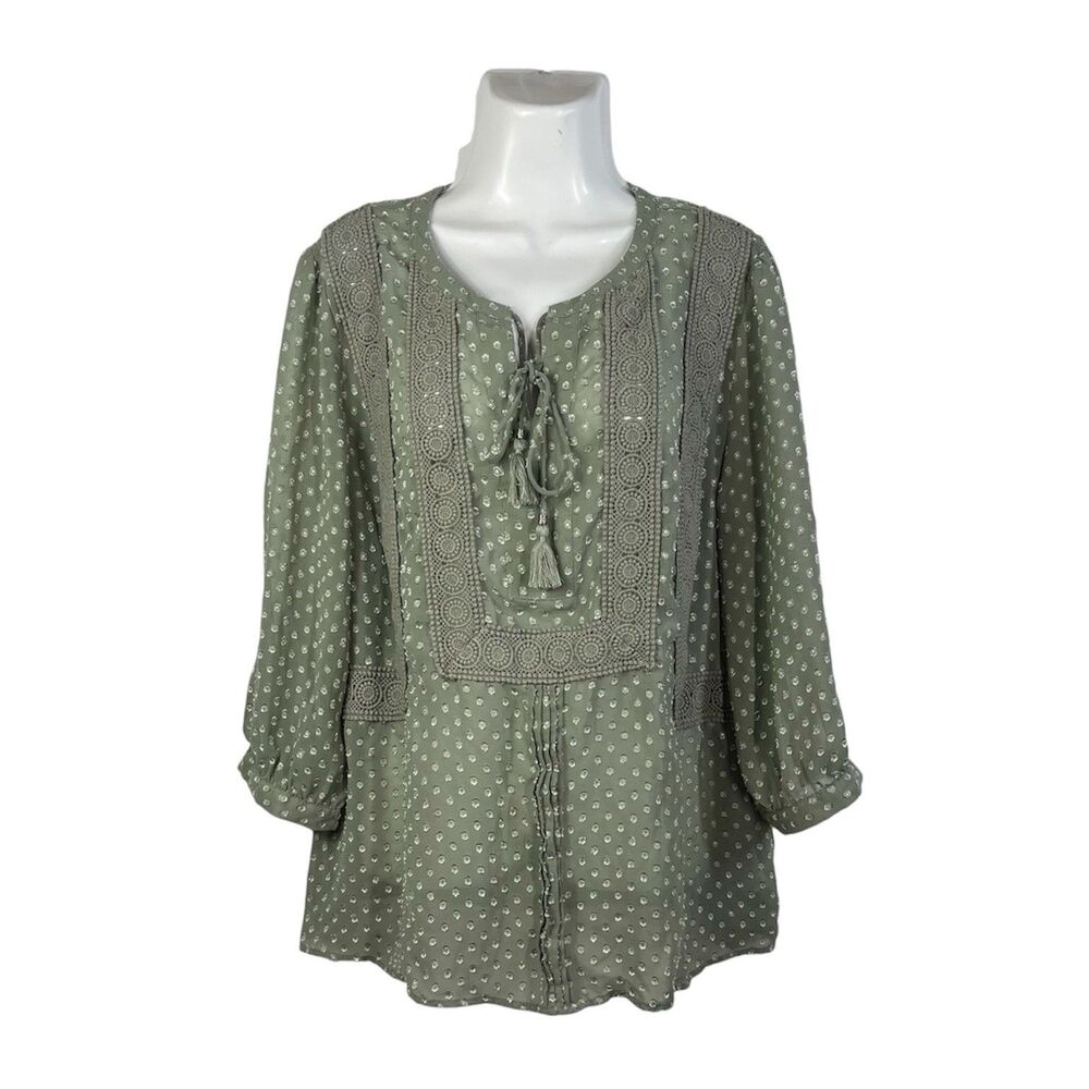 DR2 Women Plus 1X Green Swiss Dot Blouse Lace Trim Tassel Top Semi Sheer Boho